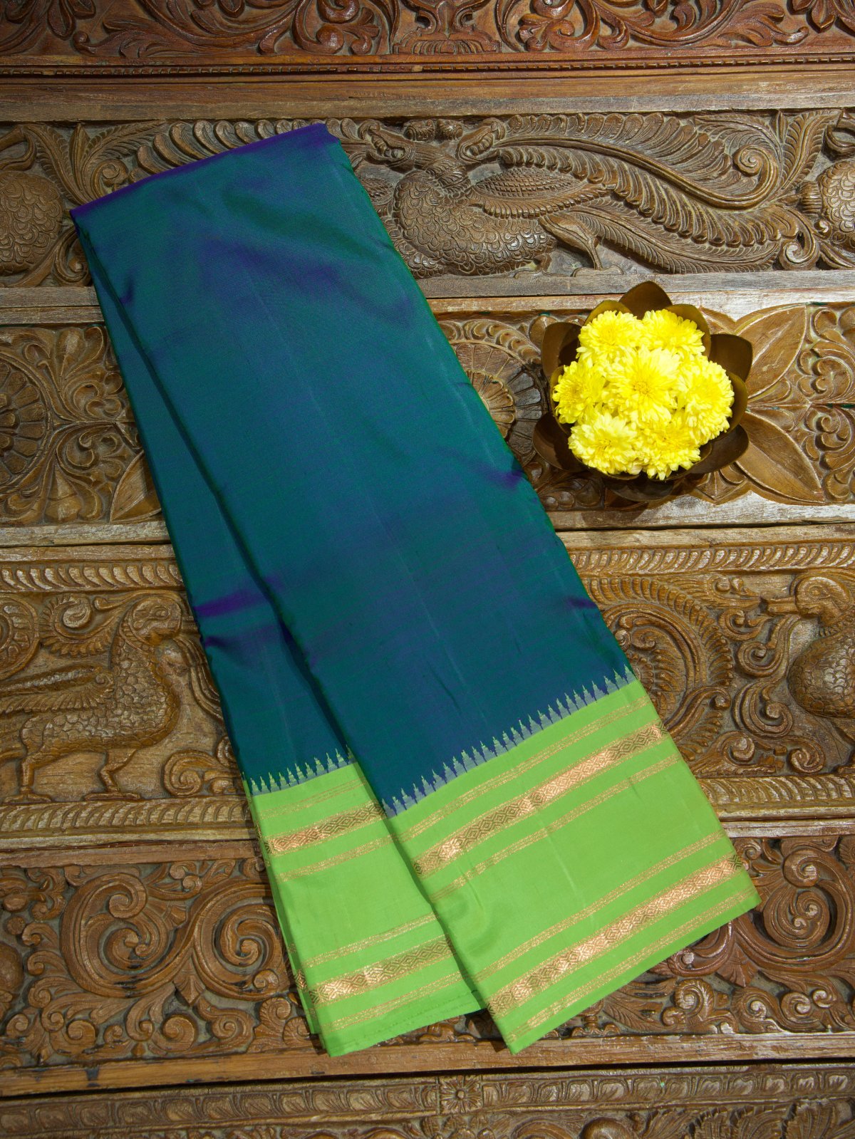 Peacock Blue Kanjeevaram Silk Saree With Light Green Zari Border