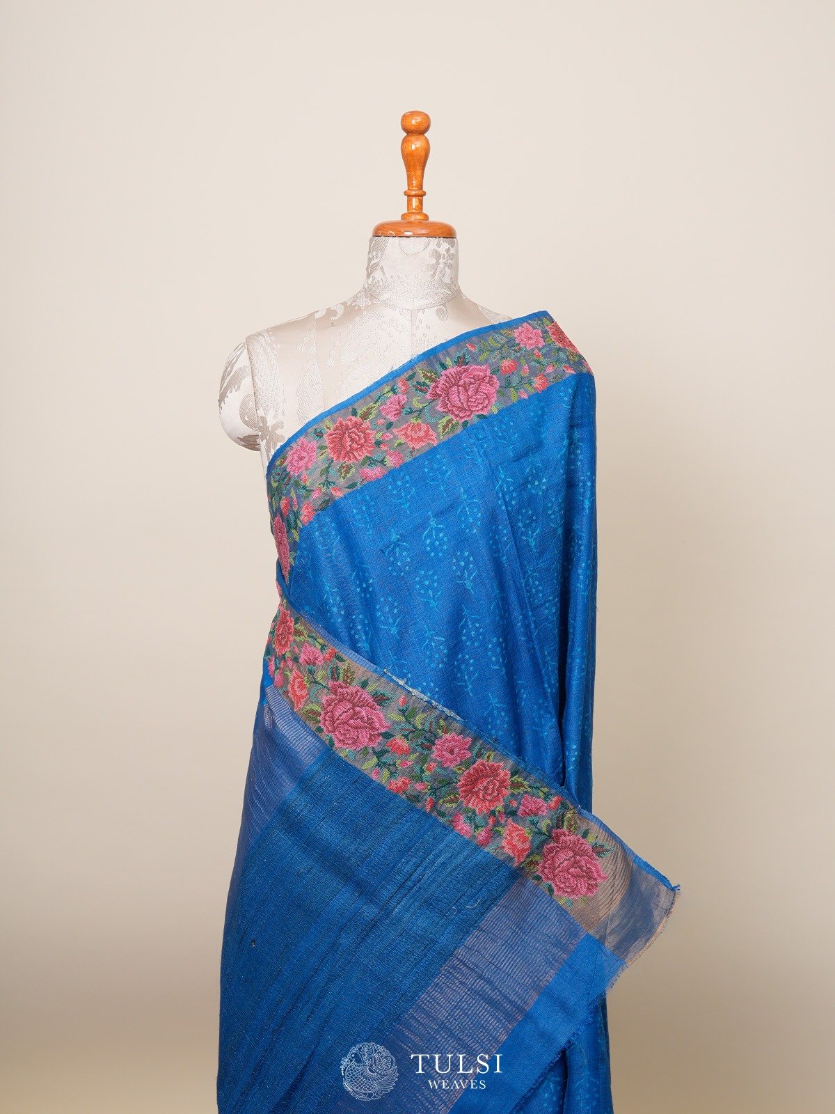 Blue Tussar Silk Saree with Embroidery Border