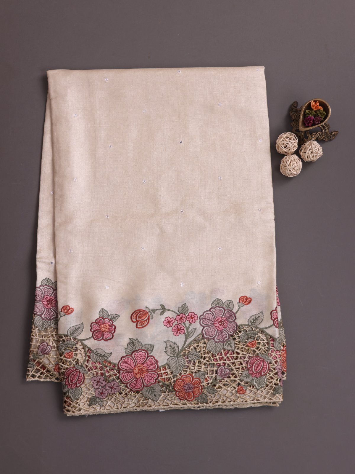 Off- White Tussar Silk Saree With Embroidered Cutwork Border 
