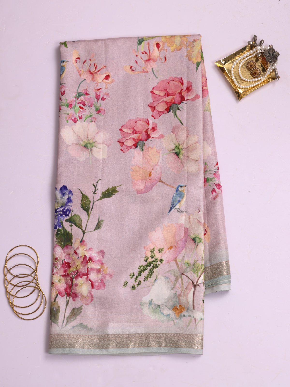 Light Lilac Printed Banaras Silk Saree With Zari Border