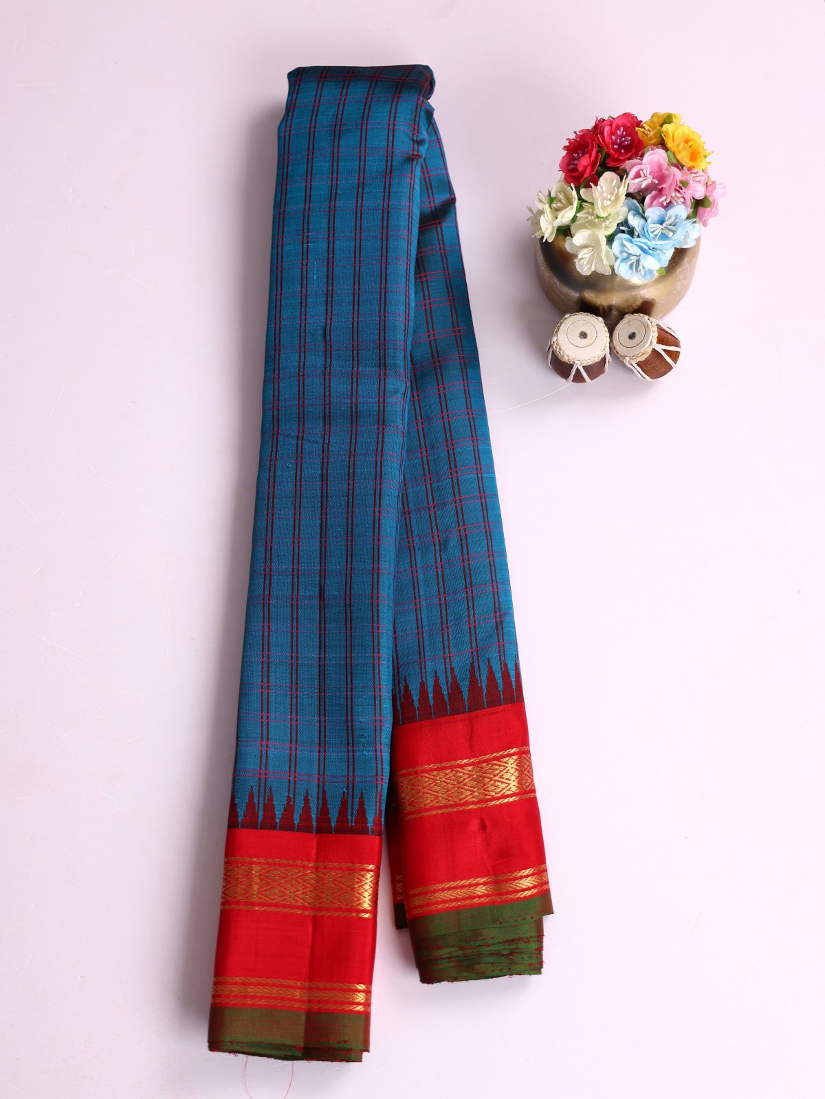 Peacock Blue Checked Gadwal Silk Saree With Red Border