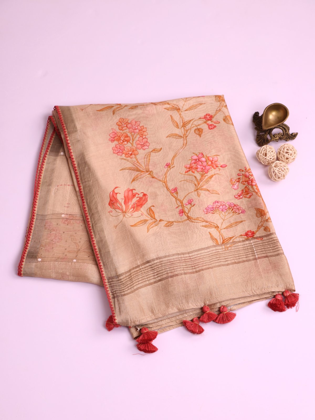 Beige Kora Tussar Silk Saree