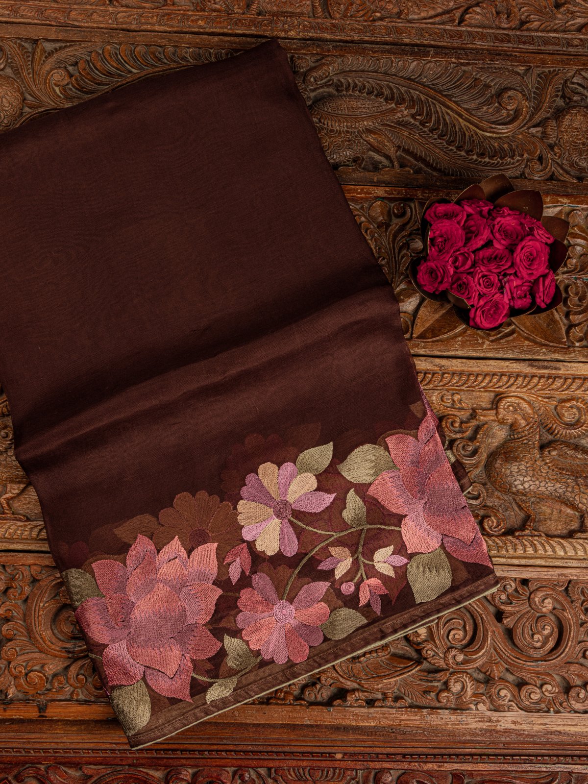 Brown Organza Saree With Floral Embroidered Border
