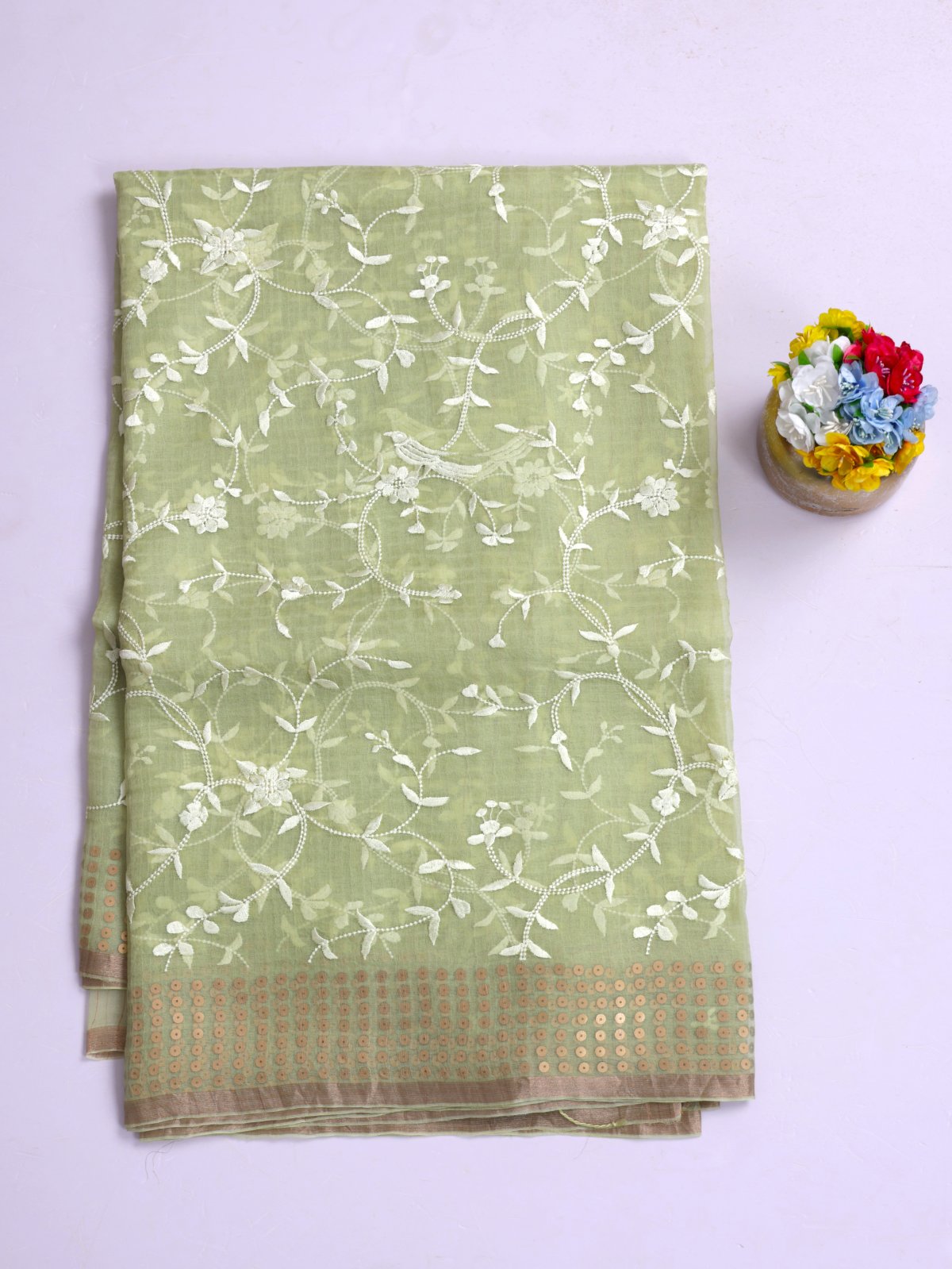 Pastel Green Embroidered Organza Silk Saree With Sequins Border