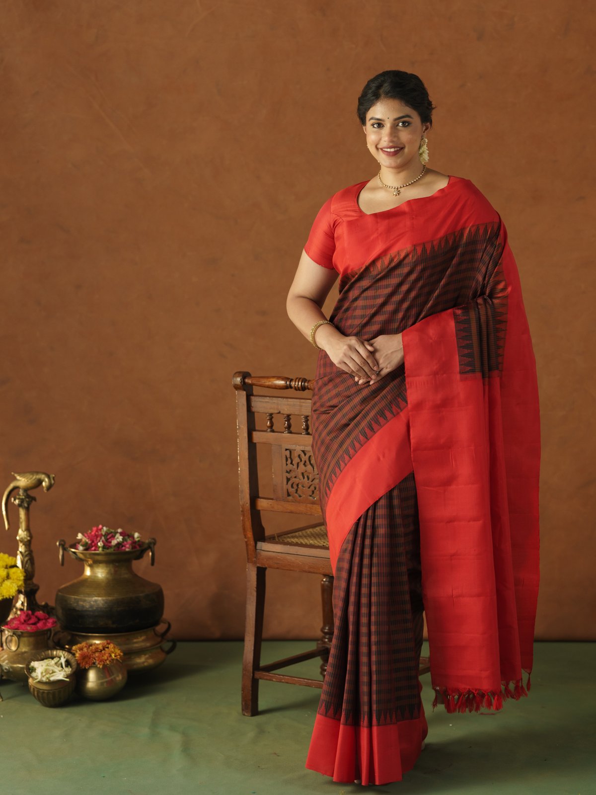 Brown and Black Checked Gadwal Silk Saree with Red Border