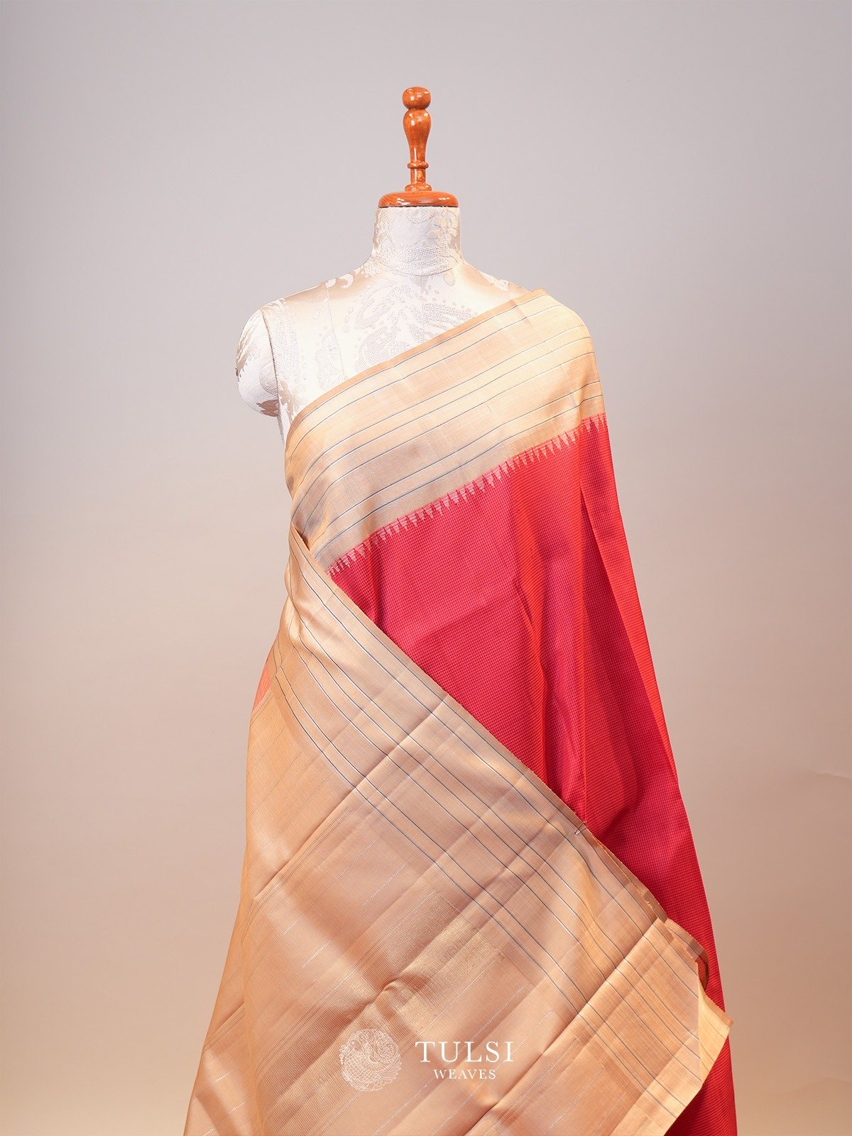 Orange & Pink Checked Kanjeevaram Silk Saree