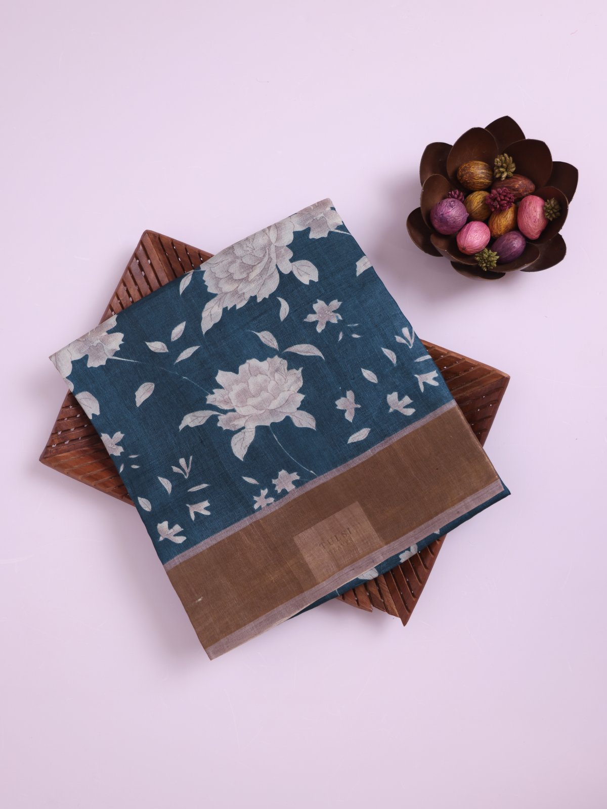 Peacock Blue Printed Tussar Silk Saree