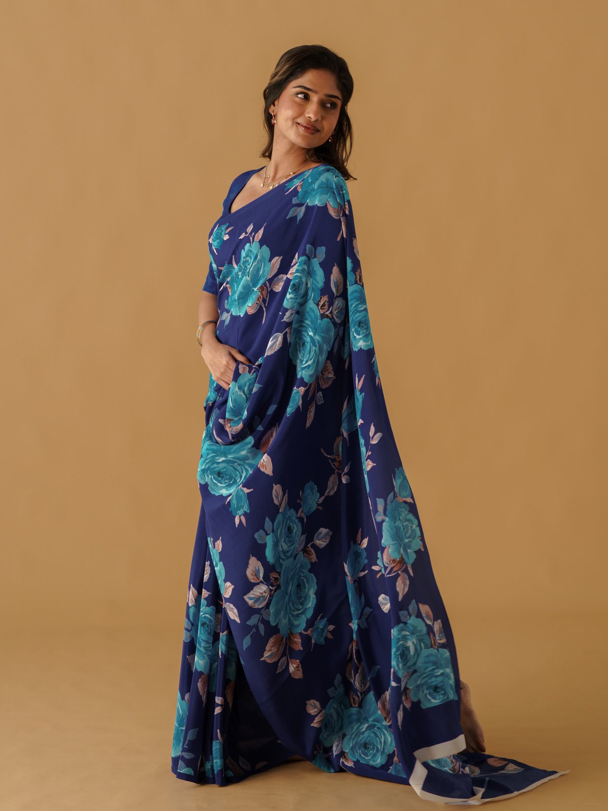 Royal Blue Printed Crepe Silk Saree