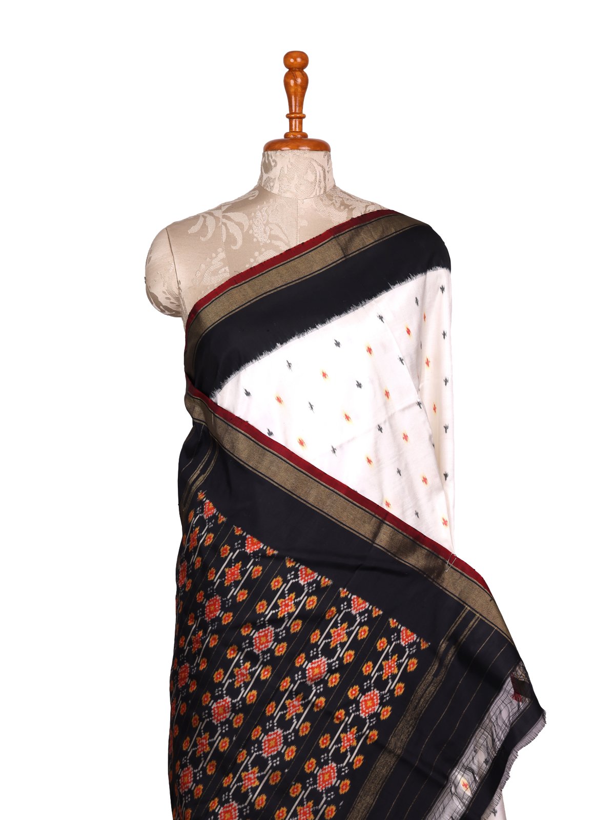 White Ikat Silk Saree with Black Border
