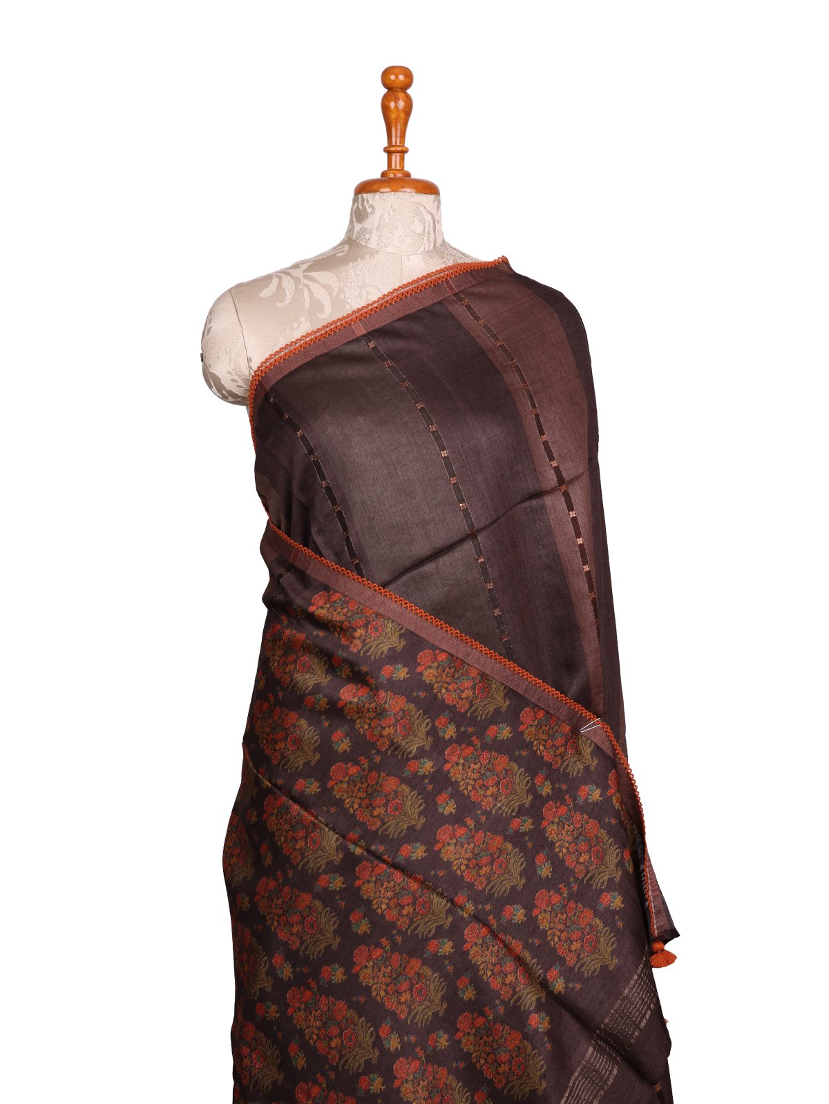 Brown Printed Munga Tussar Silk Saree