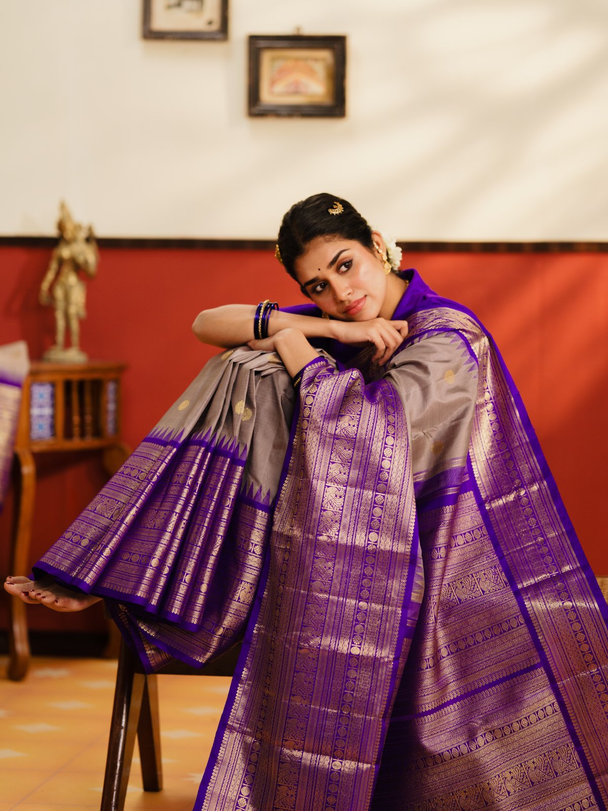 Grey Kanjeevaram Silk Saree With Blueish Purple Border
