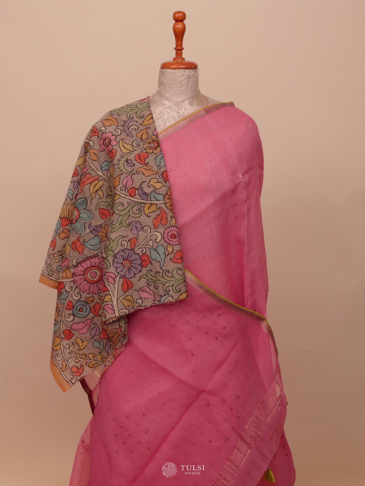 Pink Organza Saree With Kalamkari Blouse