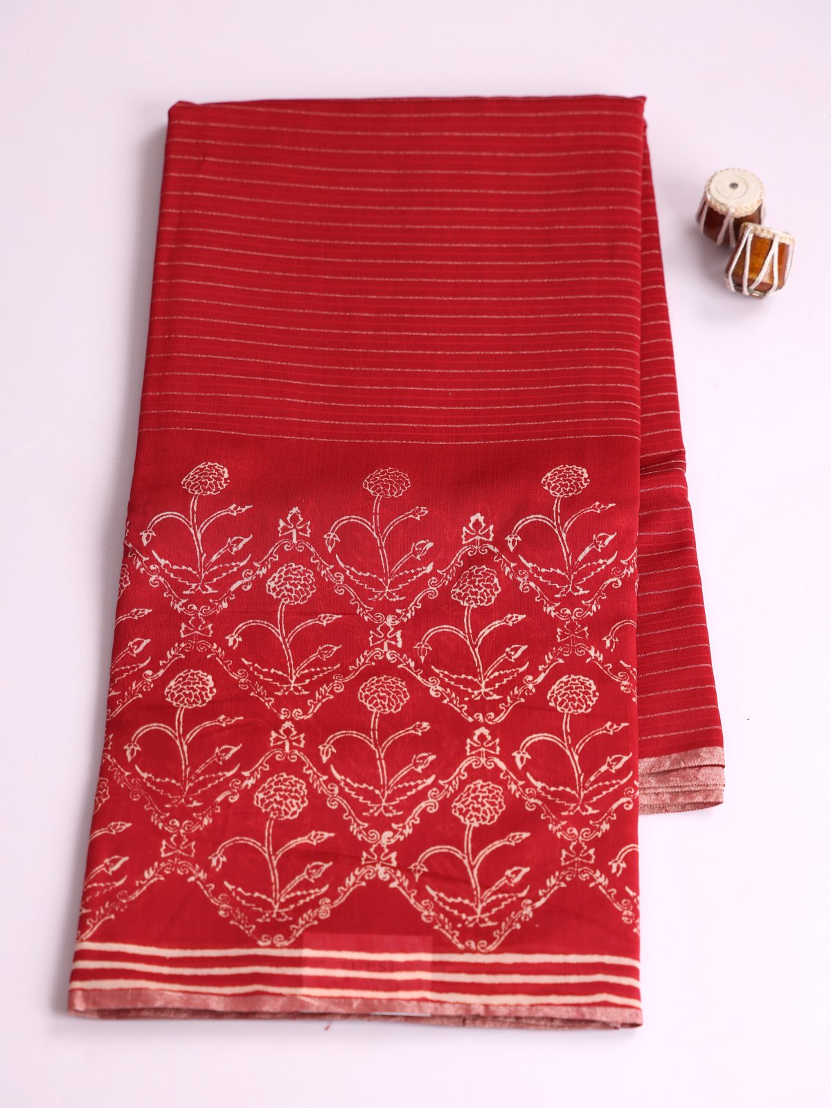Red Zari Striped Chanderi Cotton Saree With Printed Border