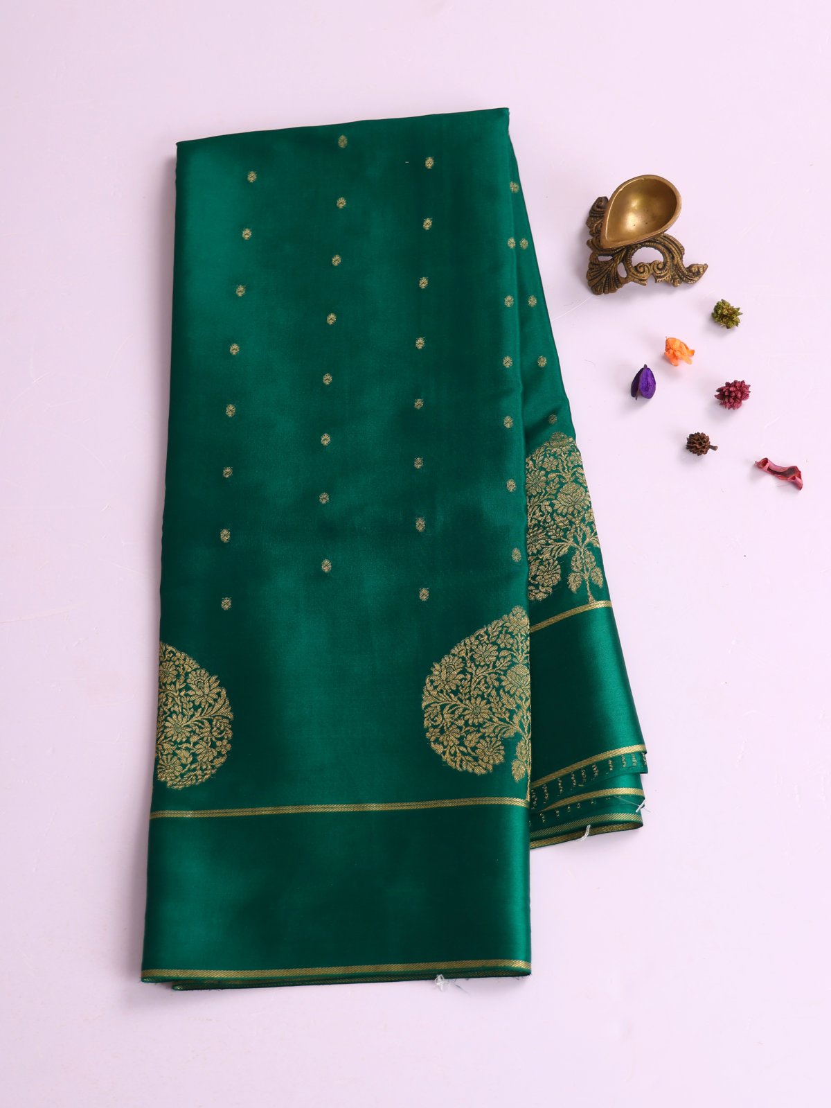 Emerald Green Mysore Silk Saree With Satin Border