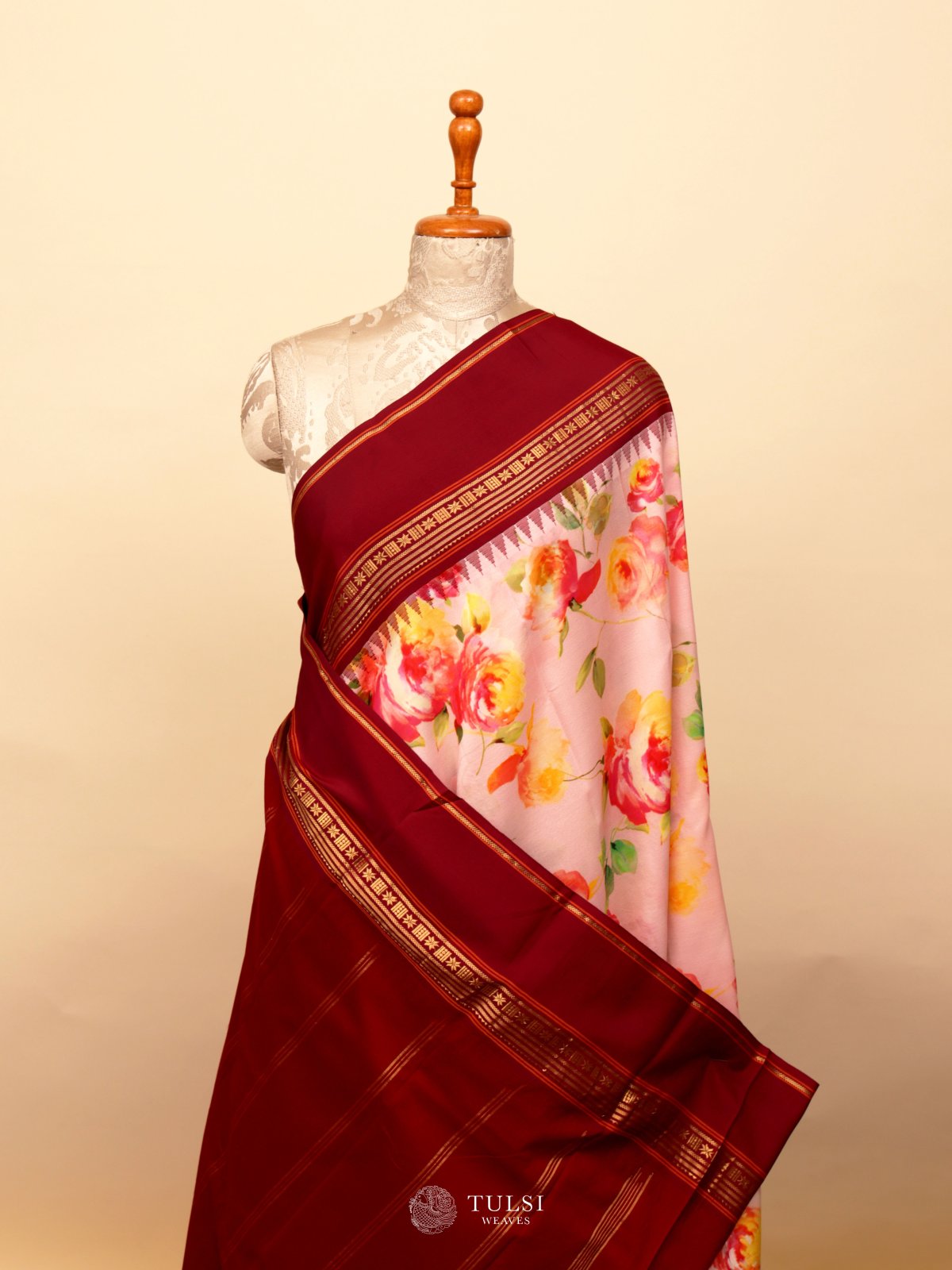 Light Pastel Pink Printed Kanjeevaram Silk Saree