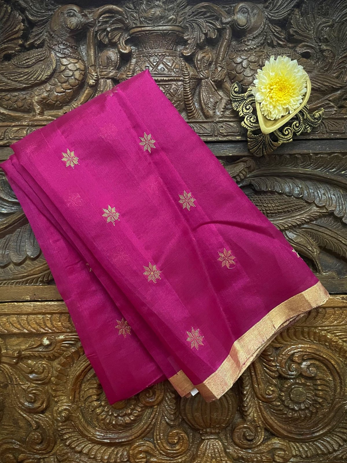 Dark Pink Chanderi Silk Blouse With Gold Zari Floral Motifs