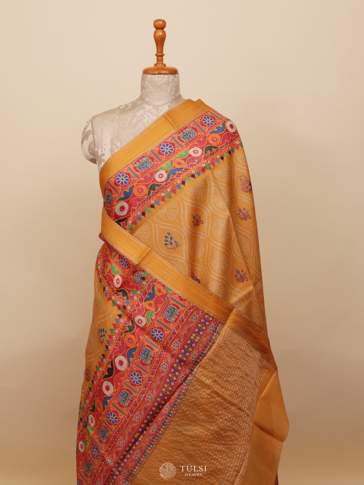 Yellow Printed Tussar Silk Saree