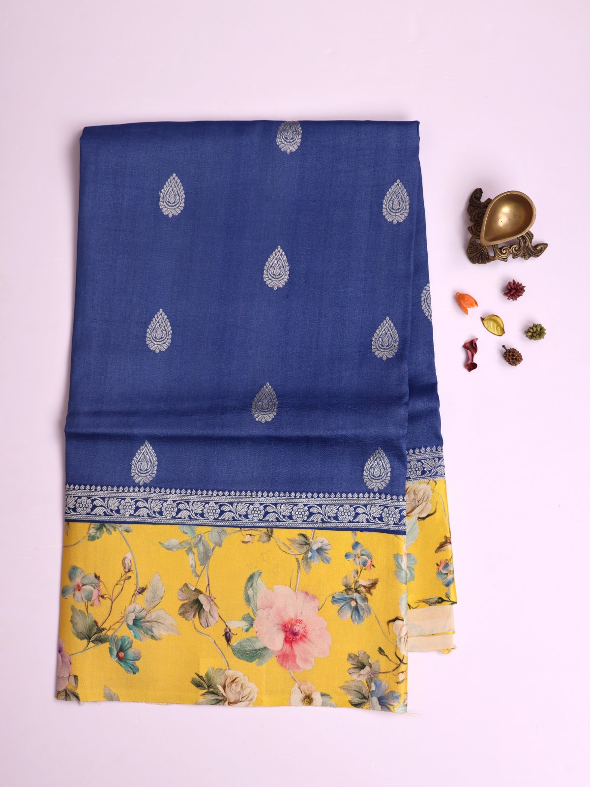 Blue Banaras Tussar Georgette Silk Saree with Printed Yellow Satin Border