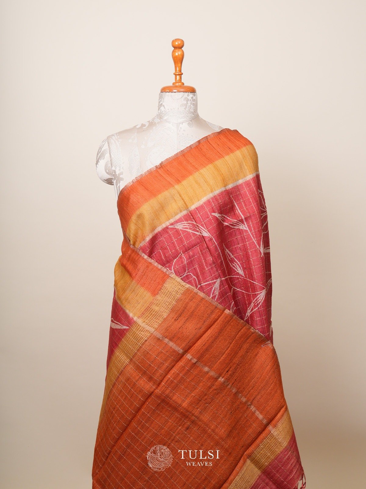 Pastel Red Tussar Silk Saree