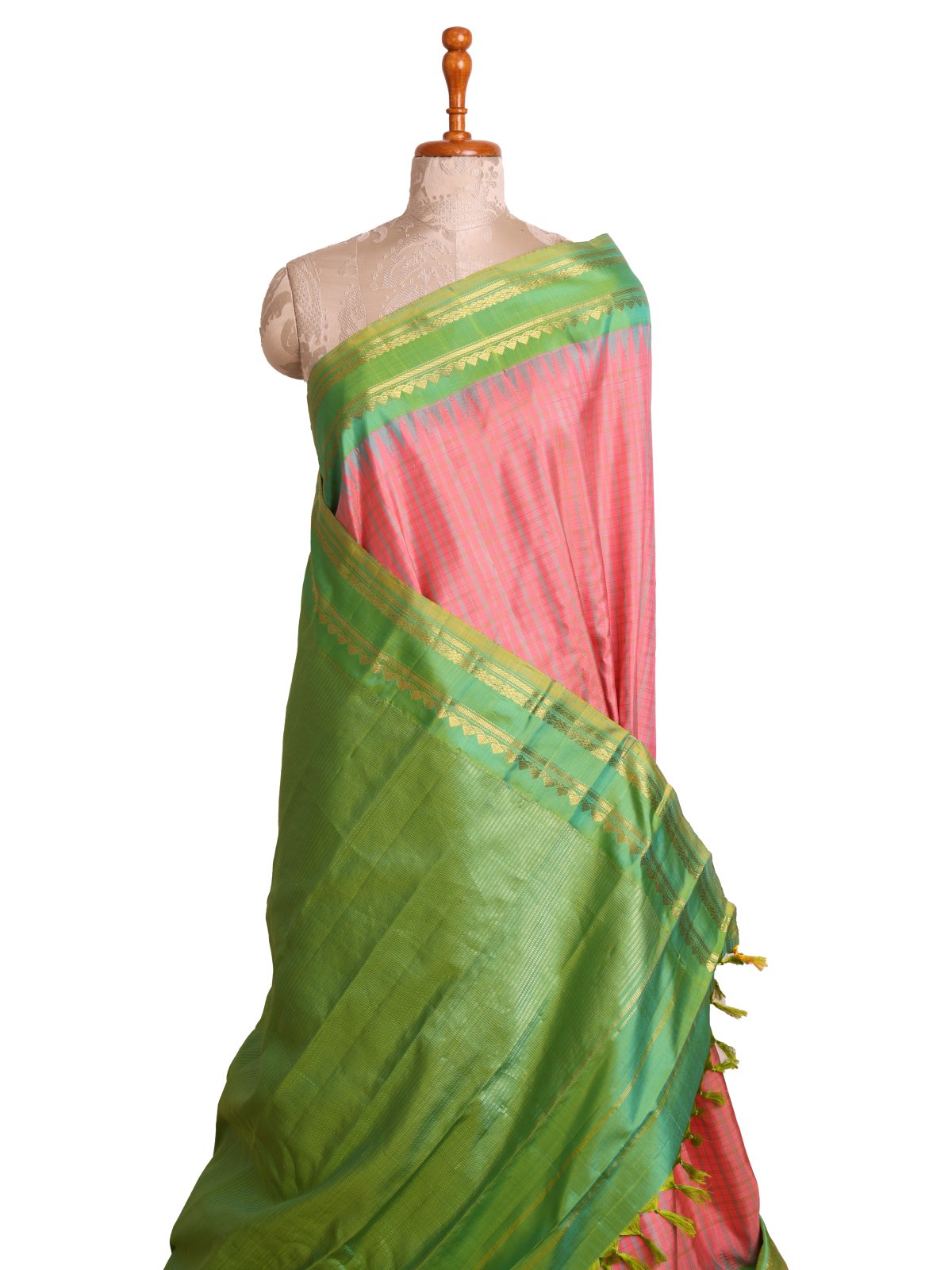 Multi Colour Checked Gadwal Silk Saree With Greenish Blue Border