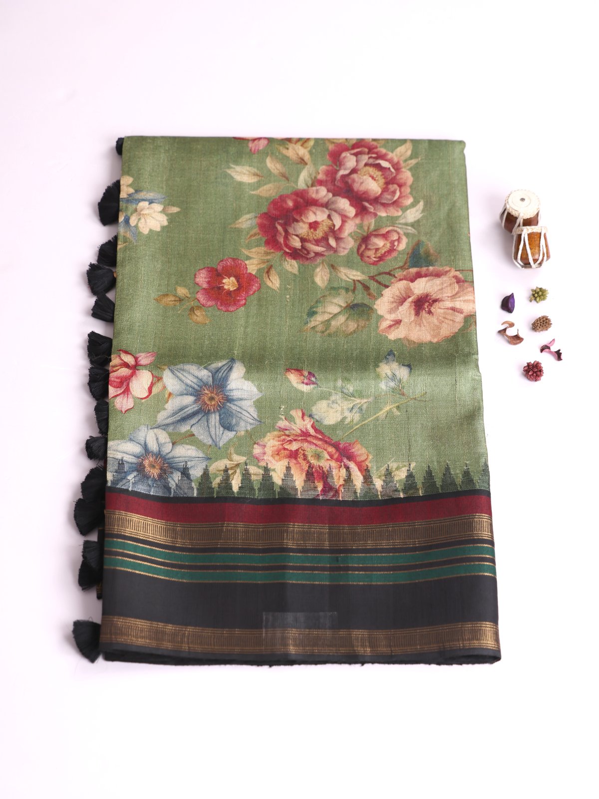 Light Green Printed Tussar Silk Saree With Black Border