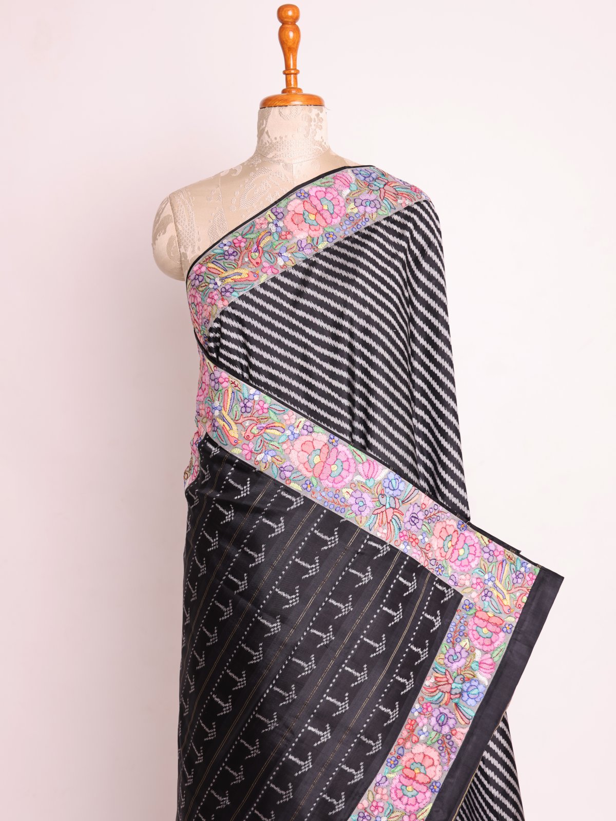 Black Patola Silk Saree With Shadow Embroidered Border