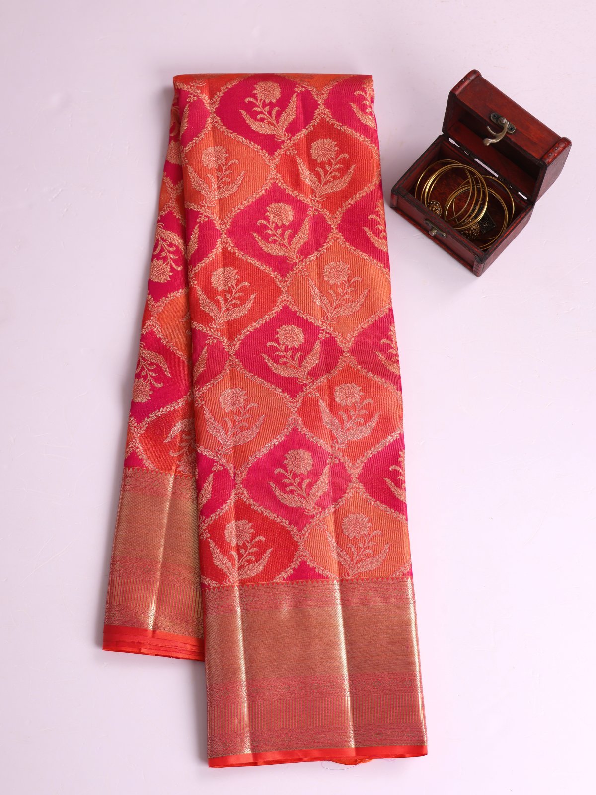 Pink And Orange Brocade Kanjeevaram Silk Saree With Zari Border