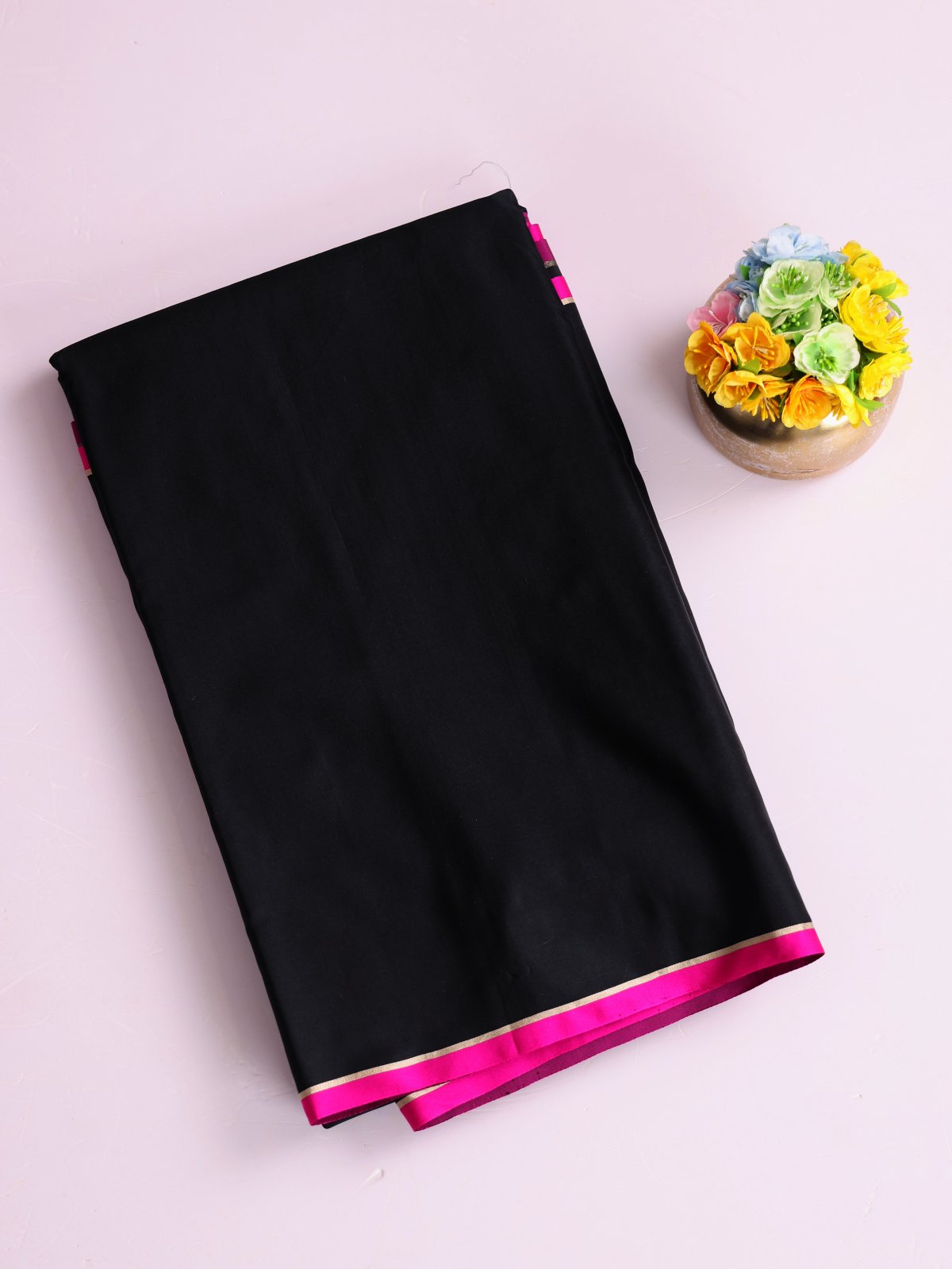 Black Mashru Silk Saree With Pink Border