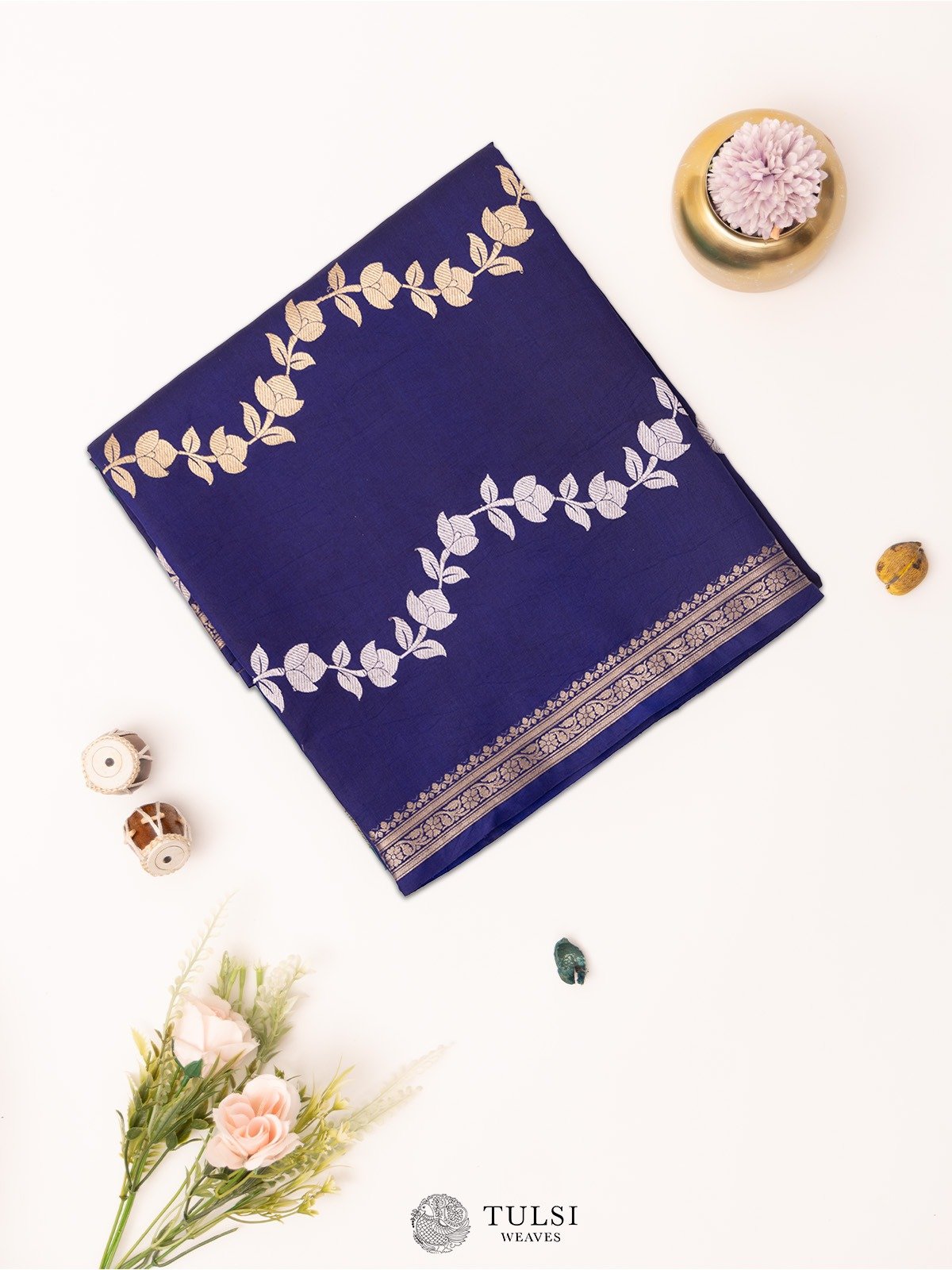 Navy Blue Mashru Silk Saree with Small Zari Border