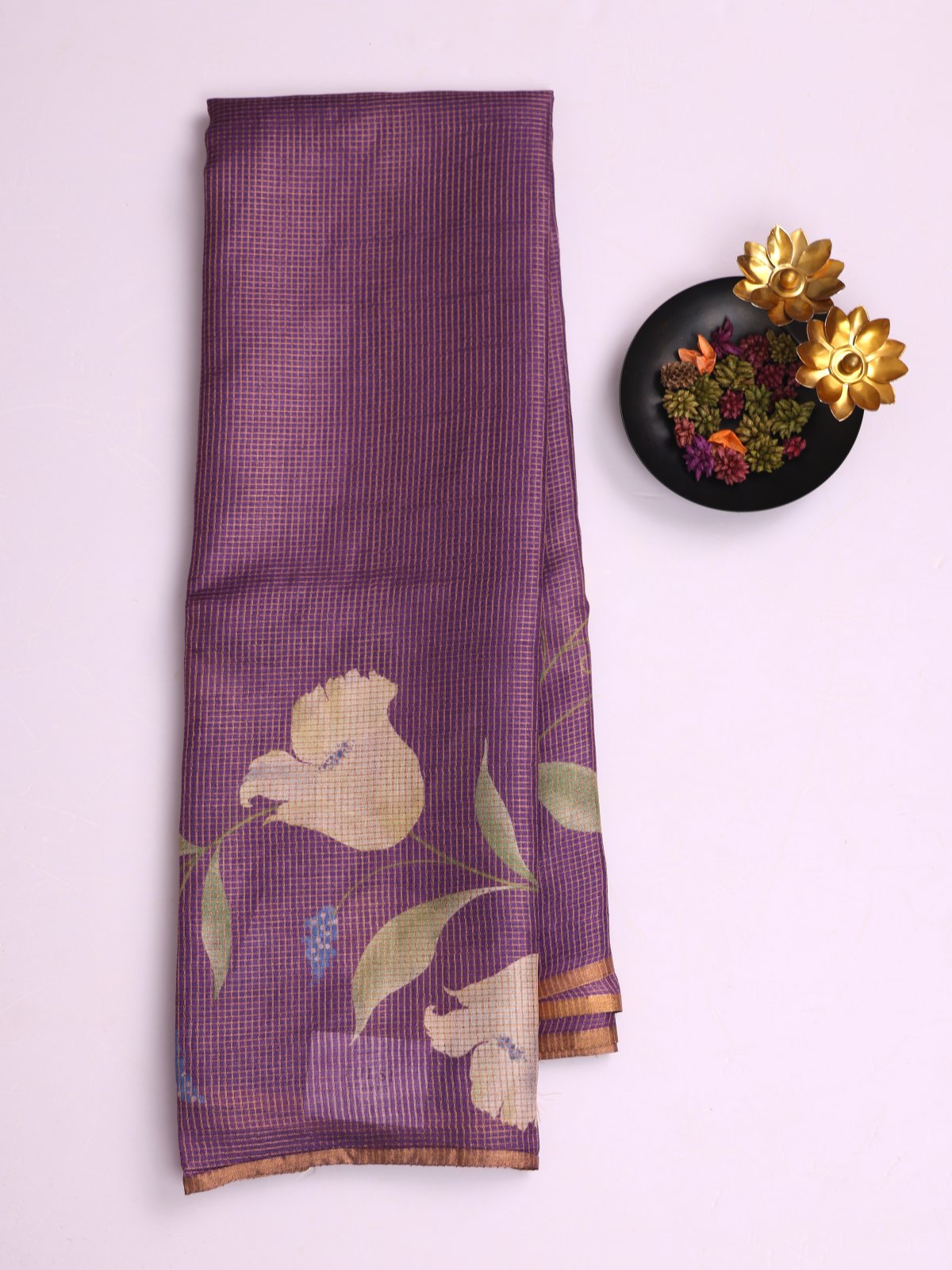 Violet Zari Checked Printed Tussar Silk Saree
