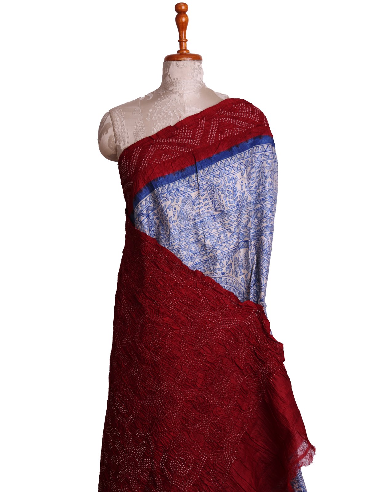 Beige Madhubani Printed Tussar Silk Saree With Dark Red Bandhini Border