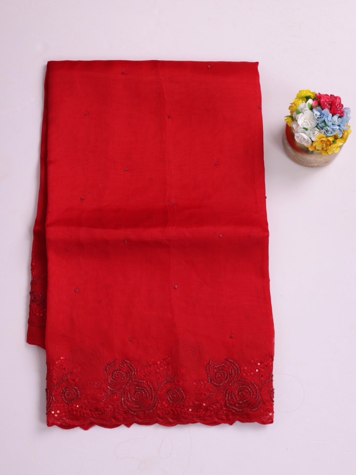 Red Embroidered Organza Silk Saree With Sequins Work