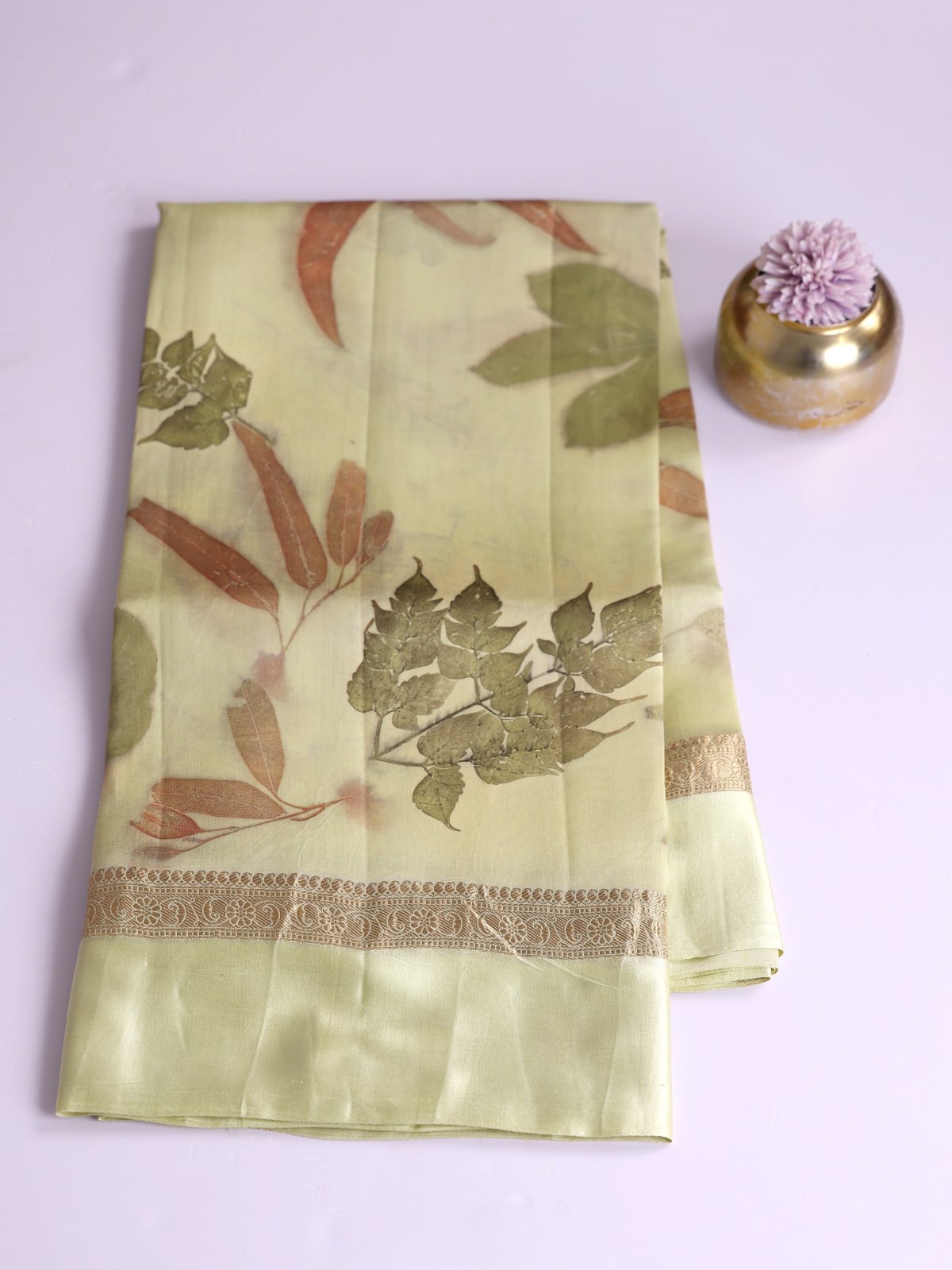 Light Elaichi Green Eco Print Tussar Silk Saree with Satin Border