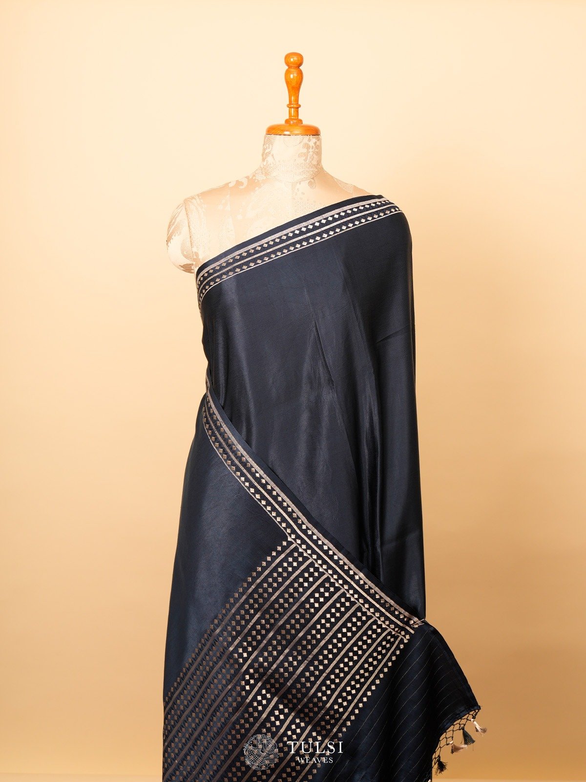 Black Mashru Silk Saree with Geometric Zari Border