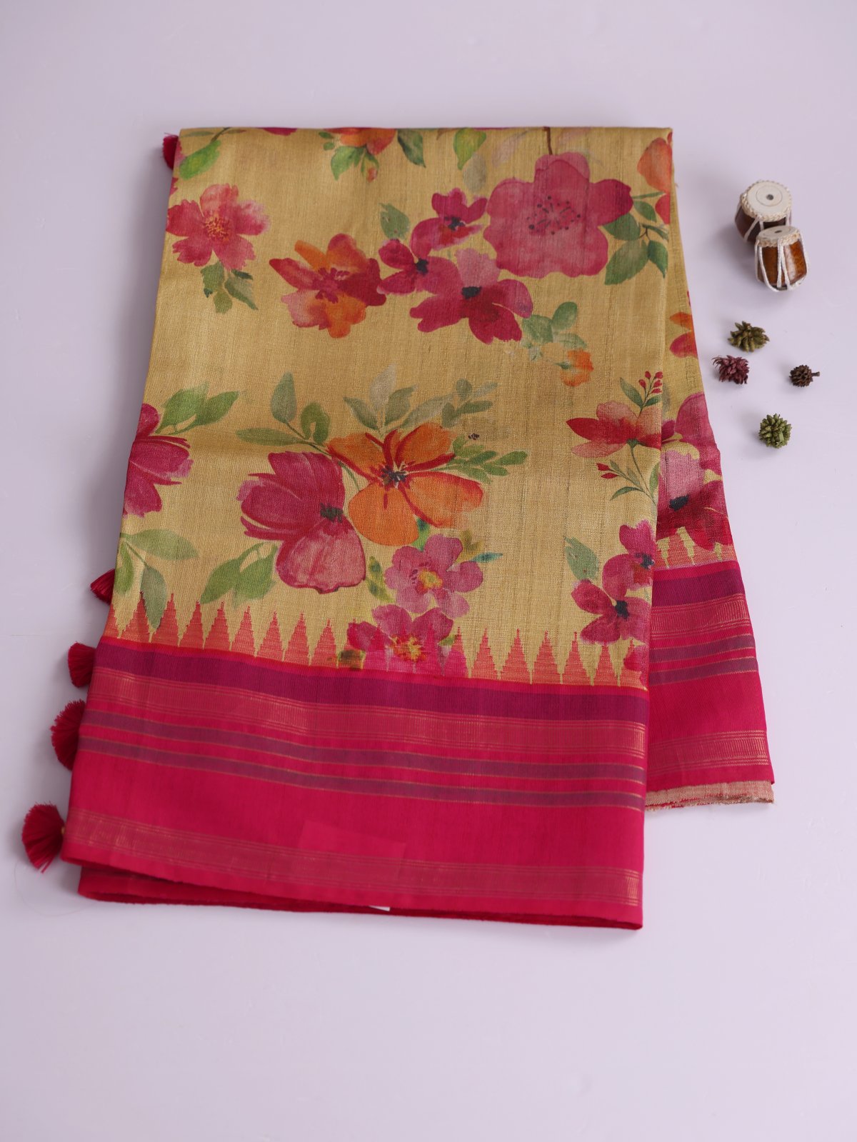 Mustard Yellow Printed Tussar Silk Saree With Rani Pink Border
