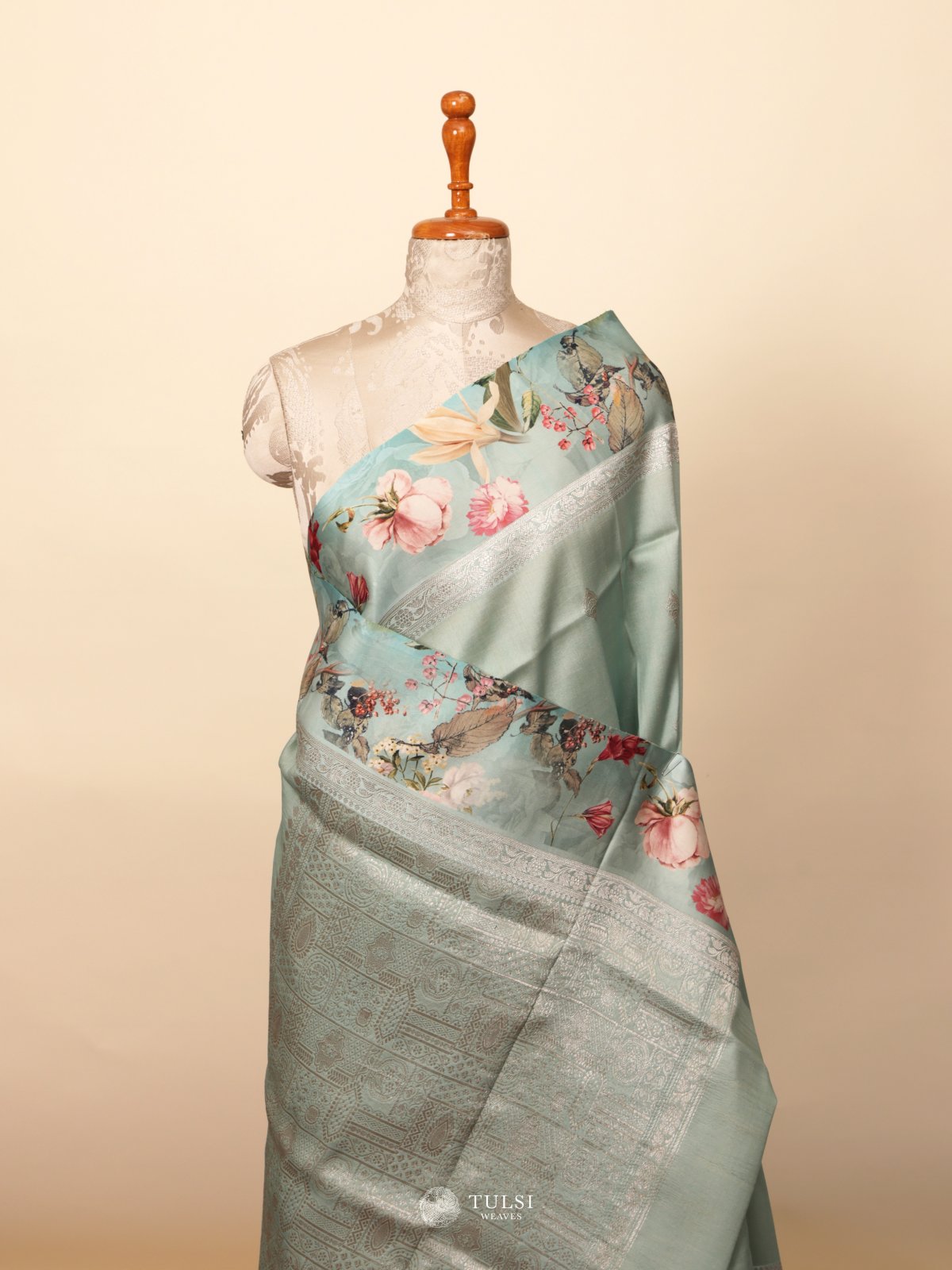 Seafoam Blue Banaras Tussar Georgette Silk Saree With Satin Border