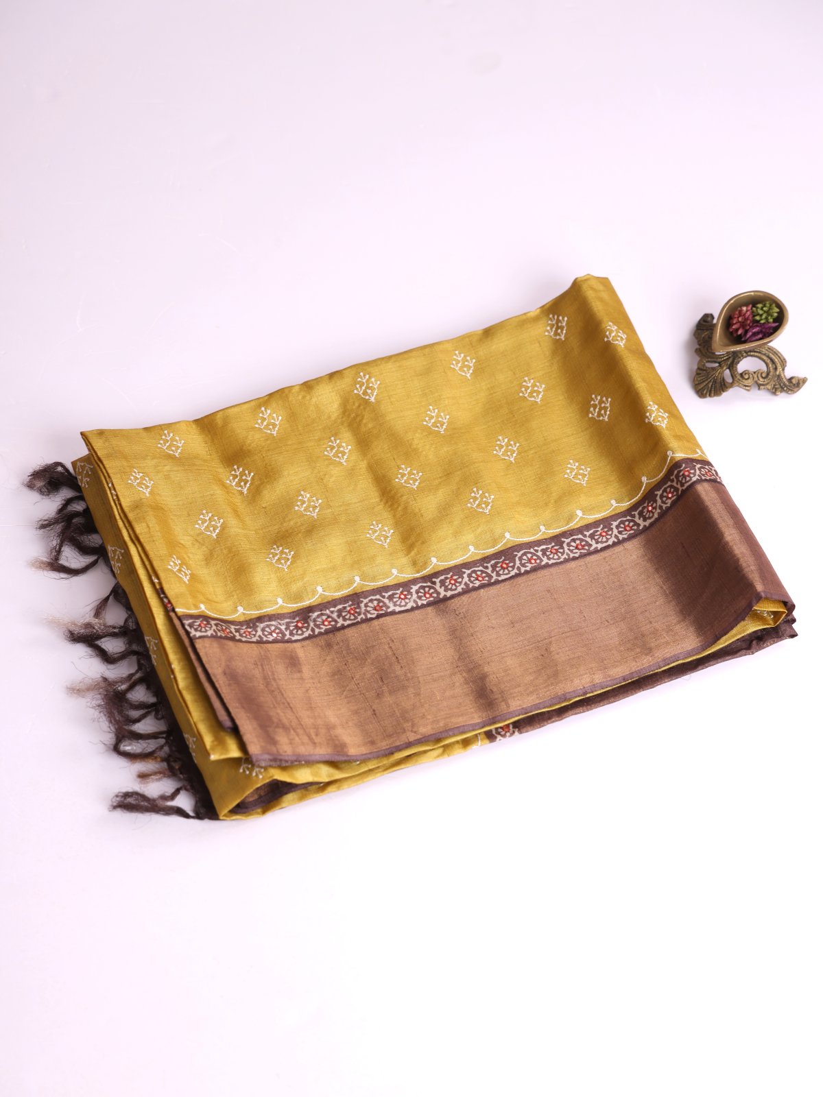 Mustard Yellow Embroidered Tussar Silk Saree With Brown Zari Border