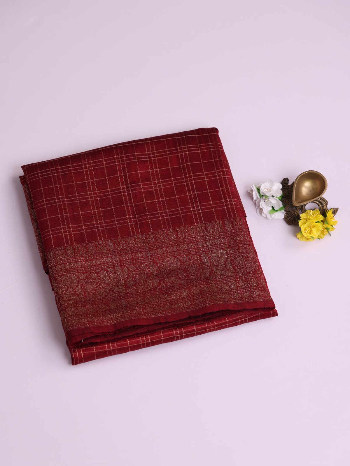Maroon Checked Banaras Tussar Silk Saree