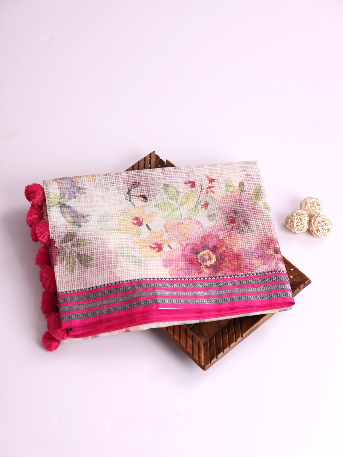 Off White Printed Kota Cotton Saree With Pink Vidarbha Border