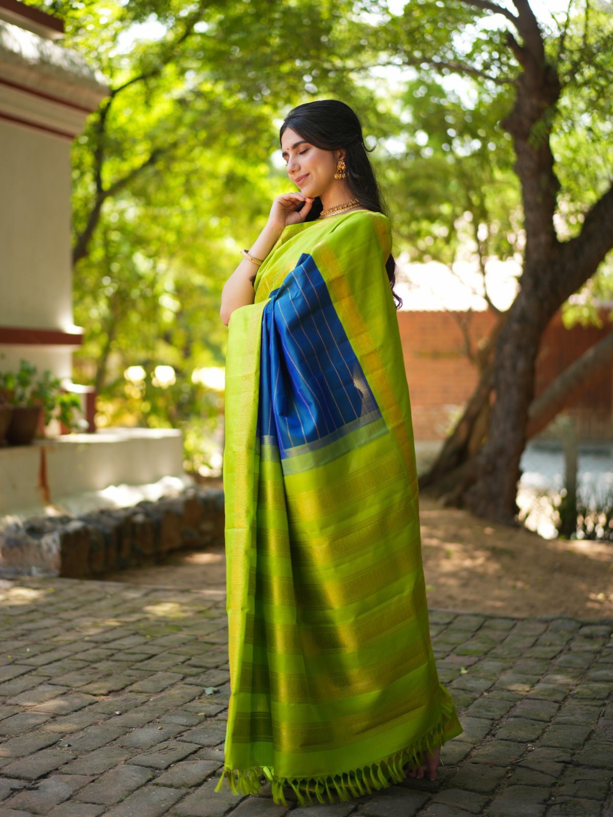 Blue Kanjeevaram Silk Saree With Lime-Green Border