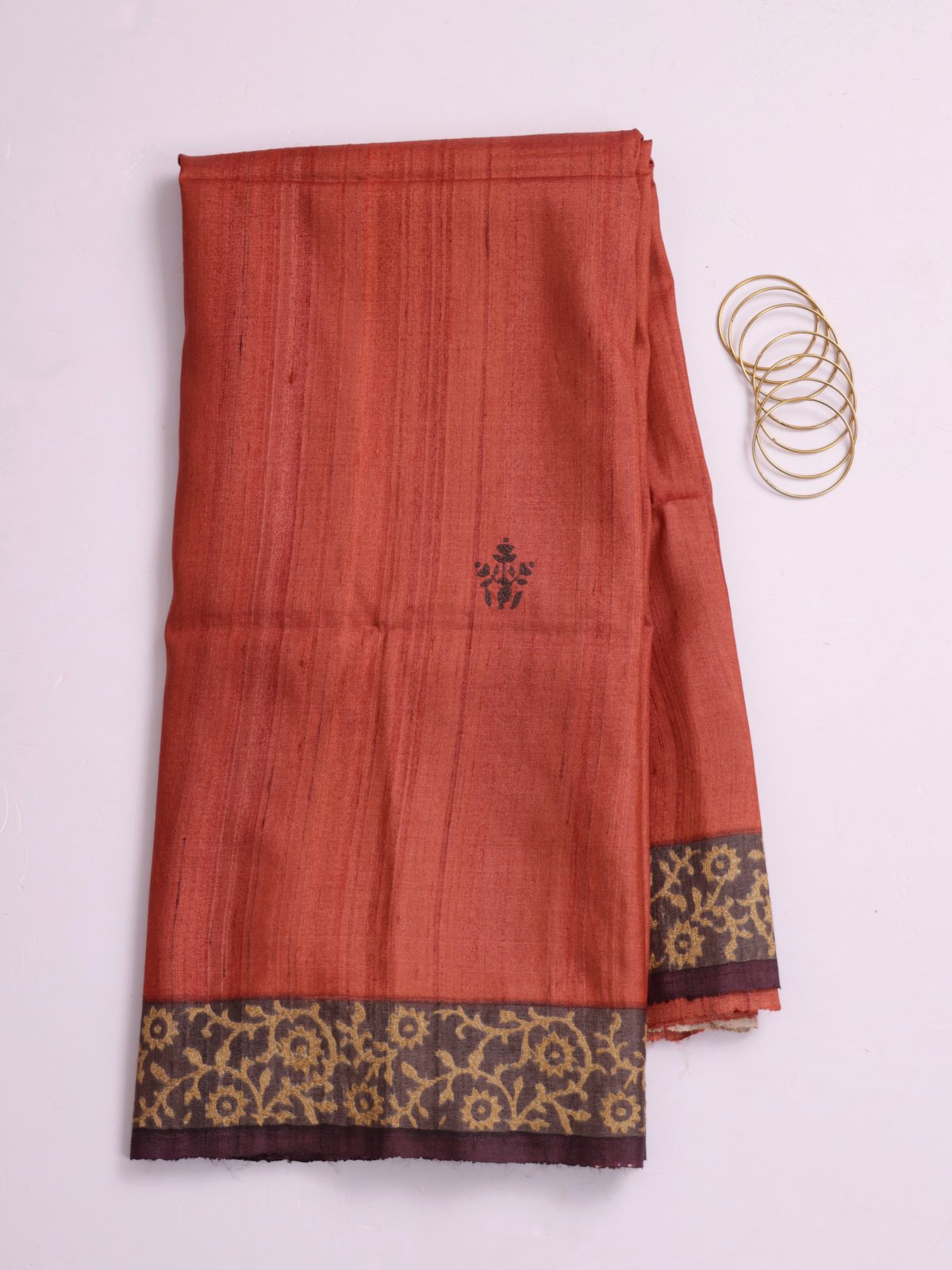 Rust Printed Tussar Silk Saree With Kantha Embroidery