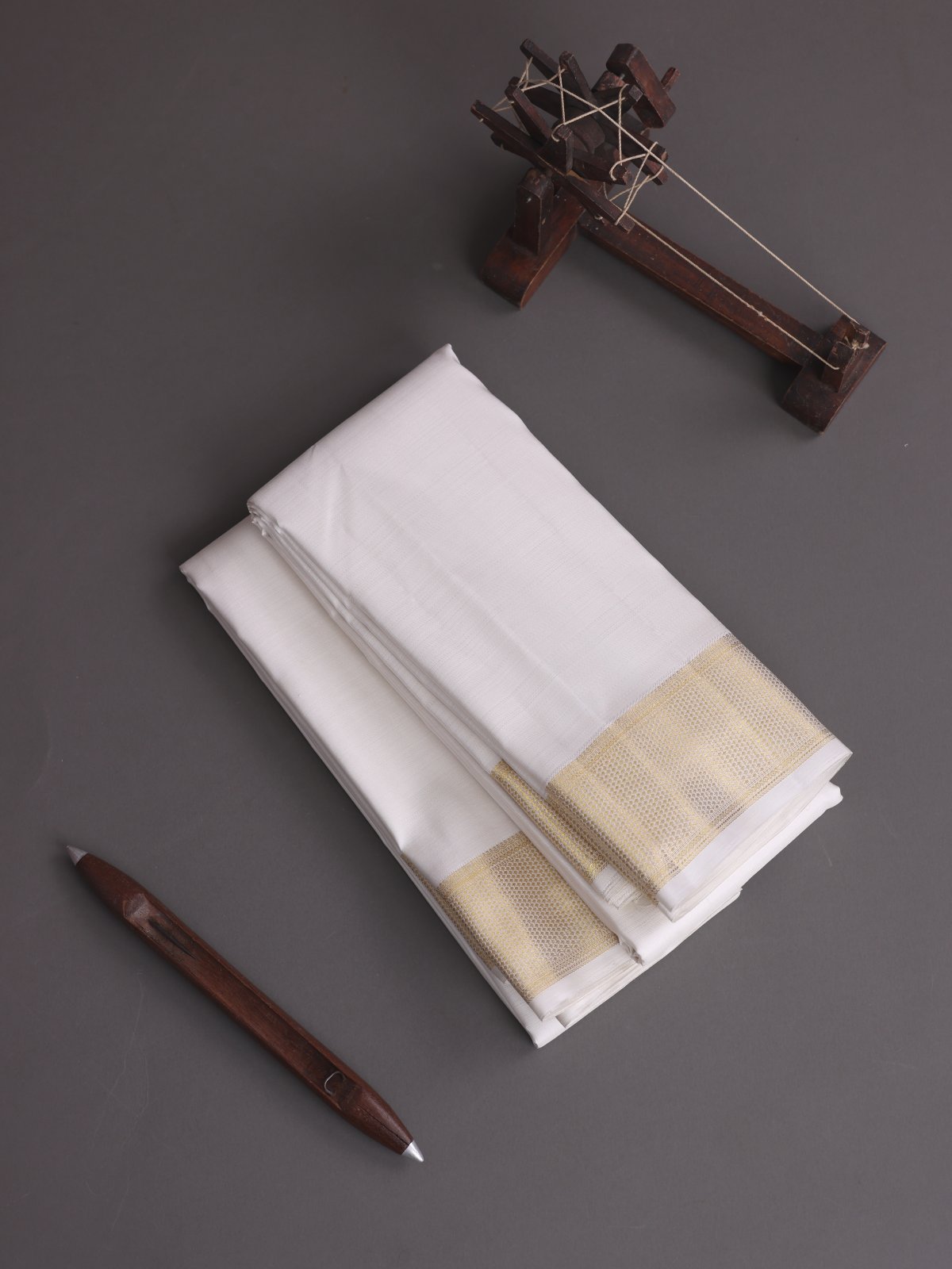 White Silk Dhoti And Vasthram With Zari Border