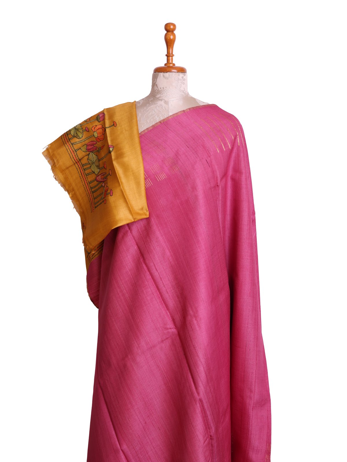 Pink Tussar Silk Saree with Kantha Embroidered Blouse