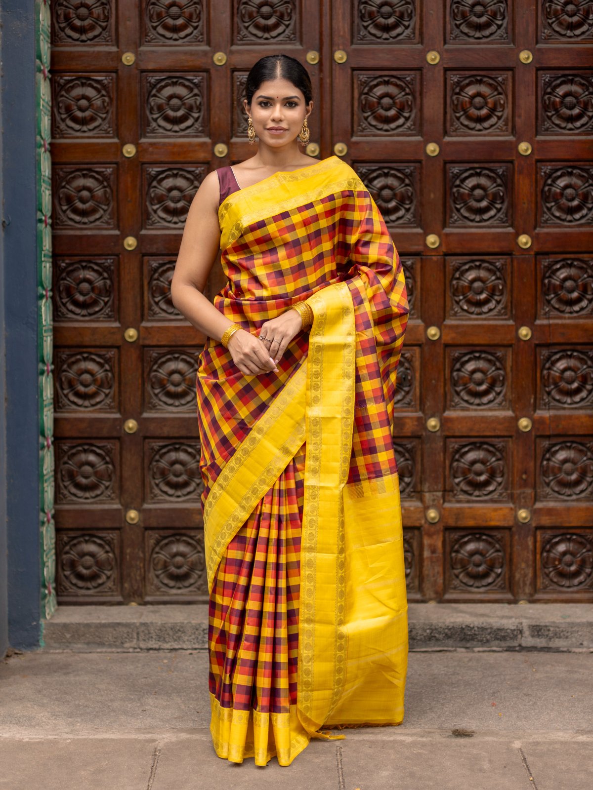 Multi Color Checked Kanjeevaram Silk Saree