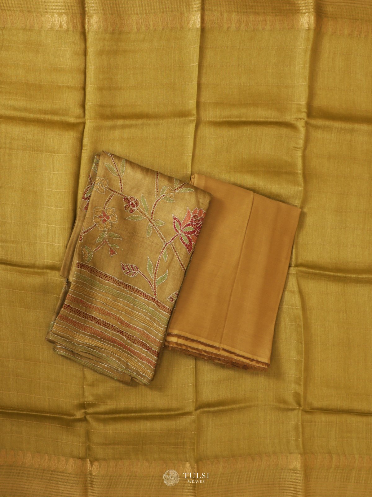 Light Green Tussar Salwar Material With Kantha Embroidery