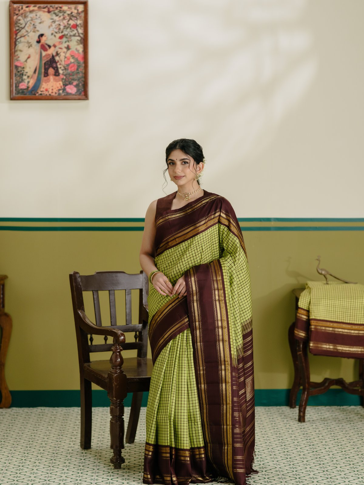 Vintage 44 - Light Green Checked Kanjeevaram Silk Saree With Dark Brown Border 