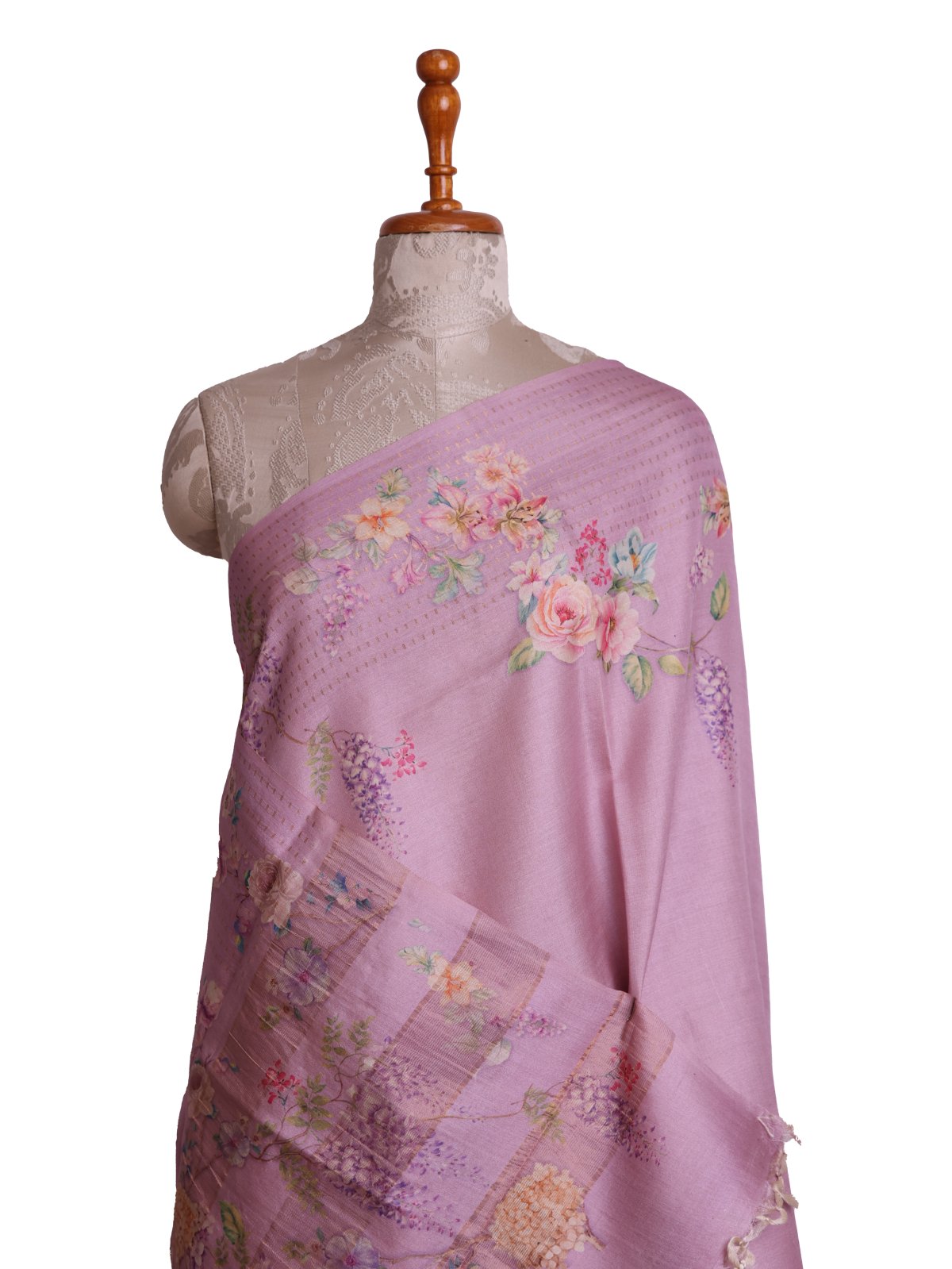 Baby Pink Printed Tussar Silk Saree