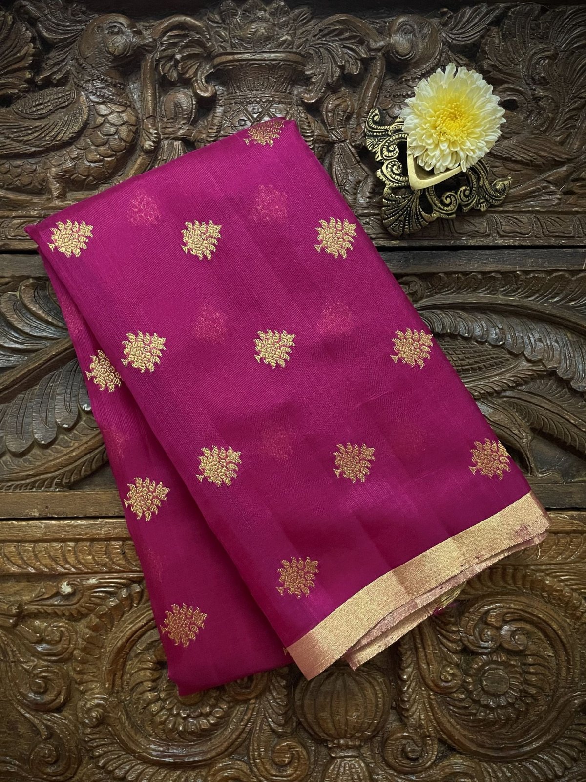 Bright Pink Chanderi Silk Blouse With Gold Zari Detailing
