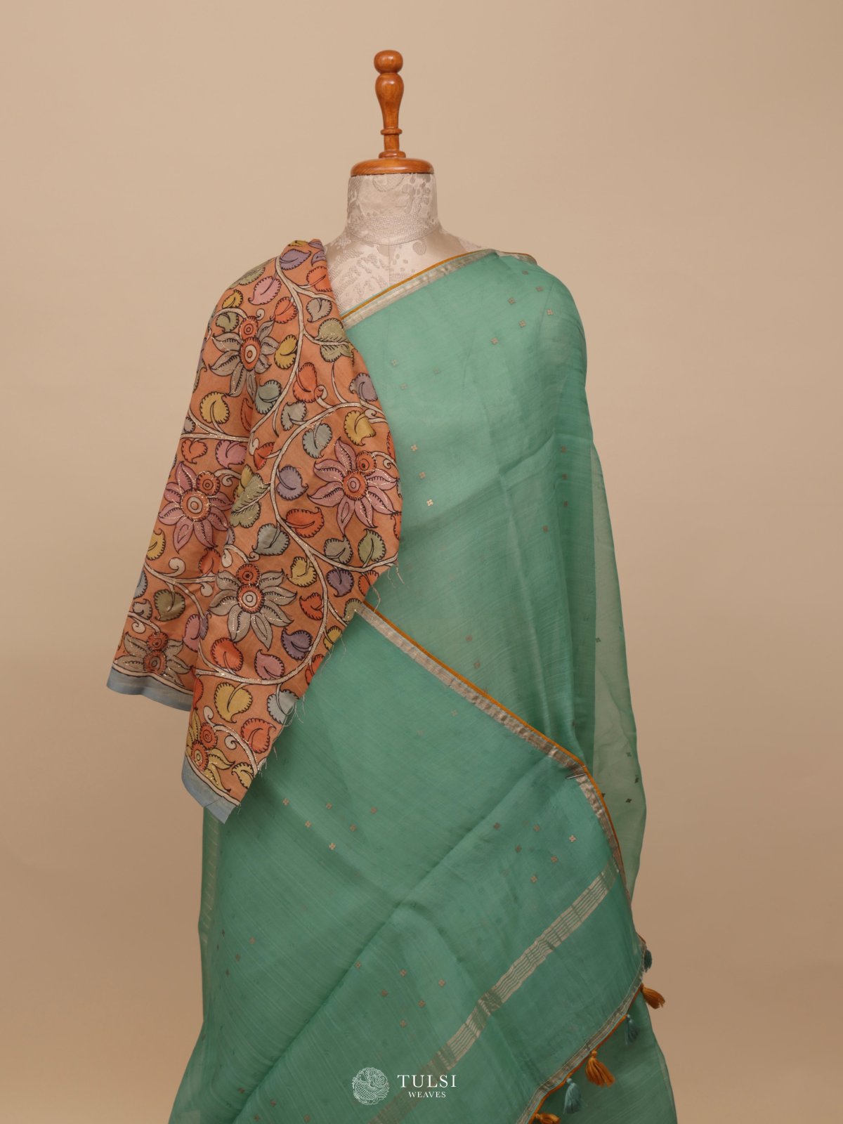 Light Aqua Blue Organza Saree with Kalamkari Blouse