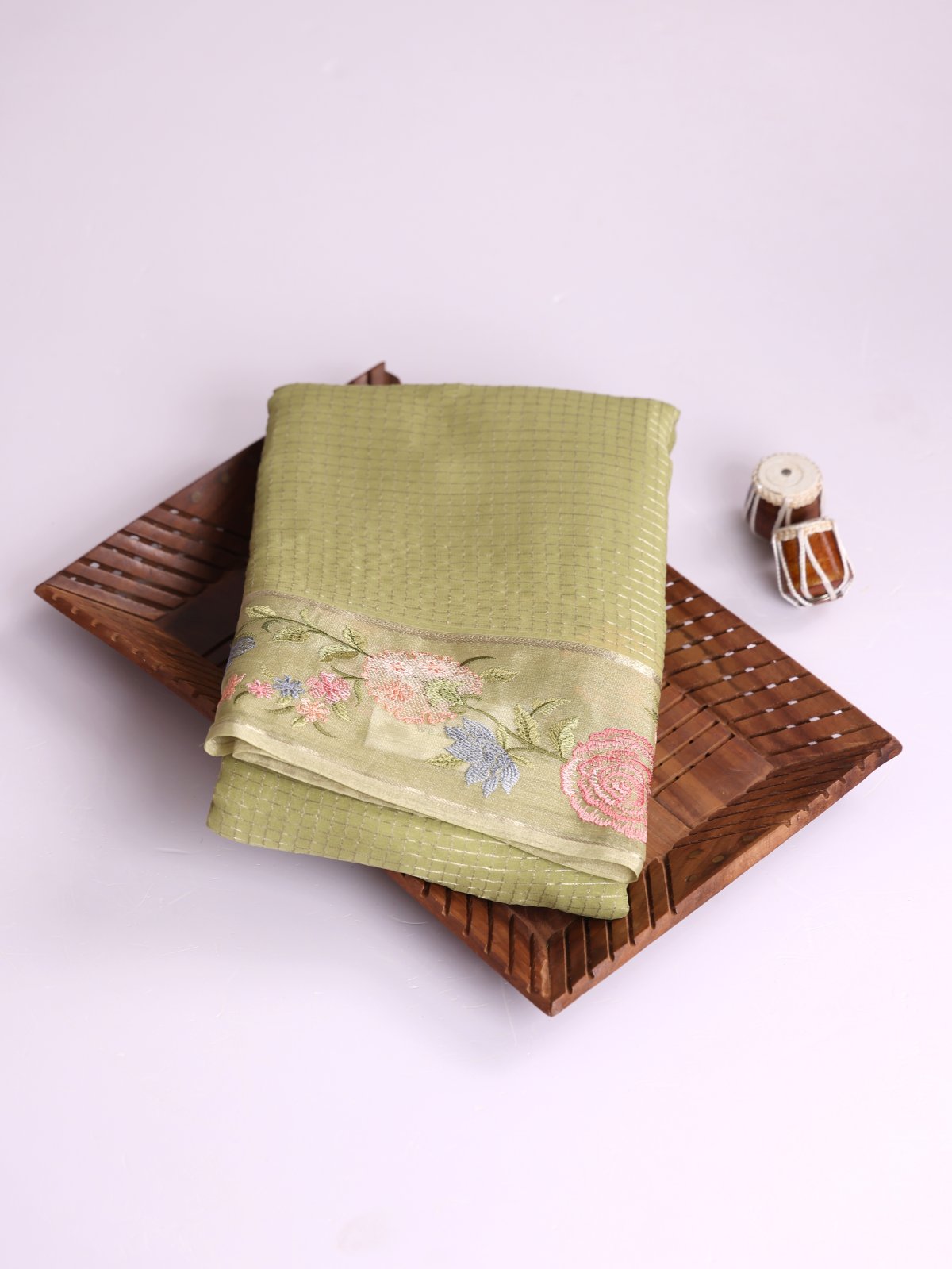 Sage Green Zari Checked Georgette Silk Saree With Embroidered Border